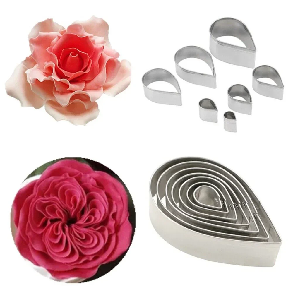 7pcs Rose Cutter Water Drop Shape Fondant Flower Mold Petal Stencils Cookie Cutters Home Handmade Cake Making Mold