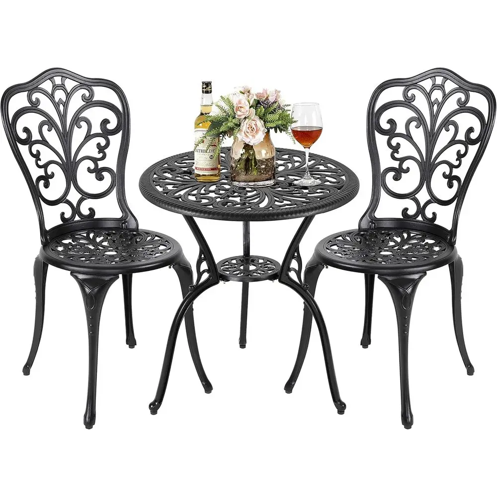 

All Weather Cast Aluminum Outdoor Bistro Set, Patio Table and 2 Chairs with Umbrella Hole, Suitable for Yard, Garden, Balcony, B