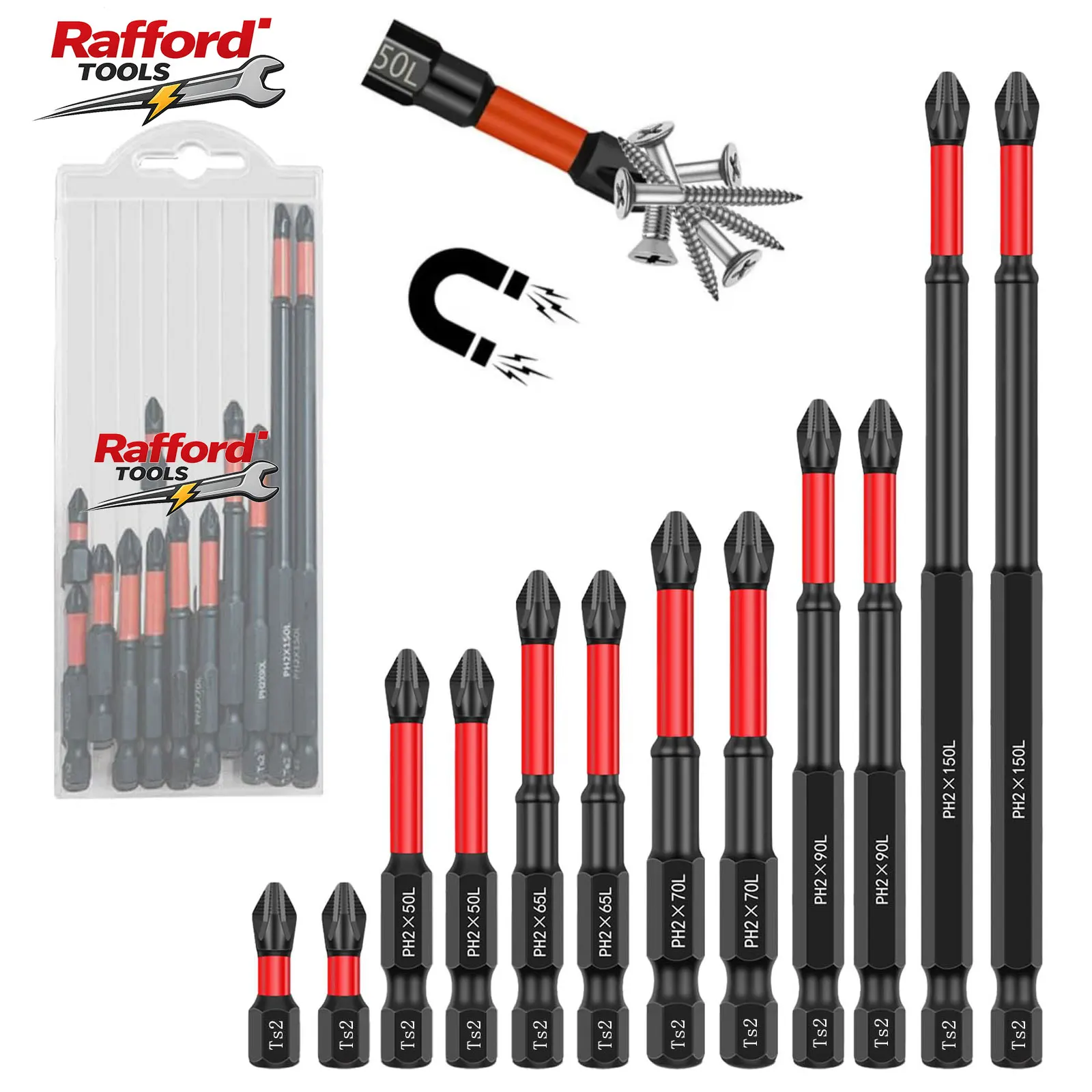 Rafford PH2 Magnetic Drill Bit Set S2 Steel Magnetic Screwdriver Bits 1/4” Hex Shank, Anti-Slip, Impact-Ready for Drill & Driver