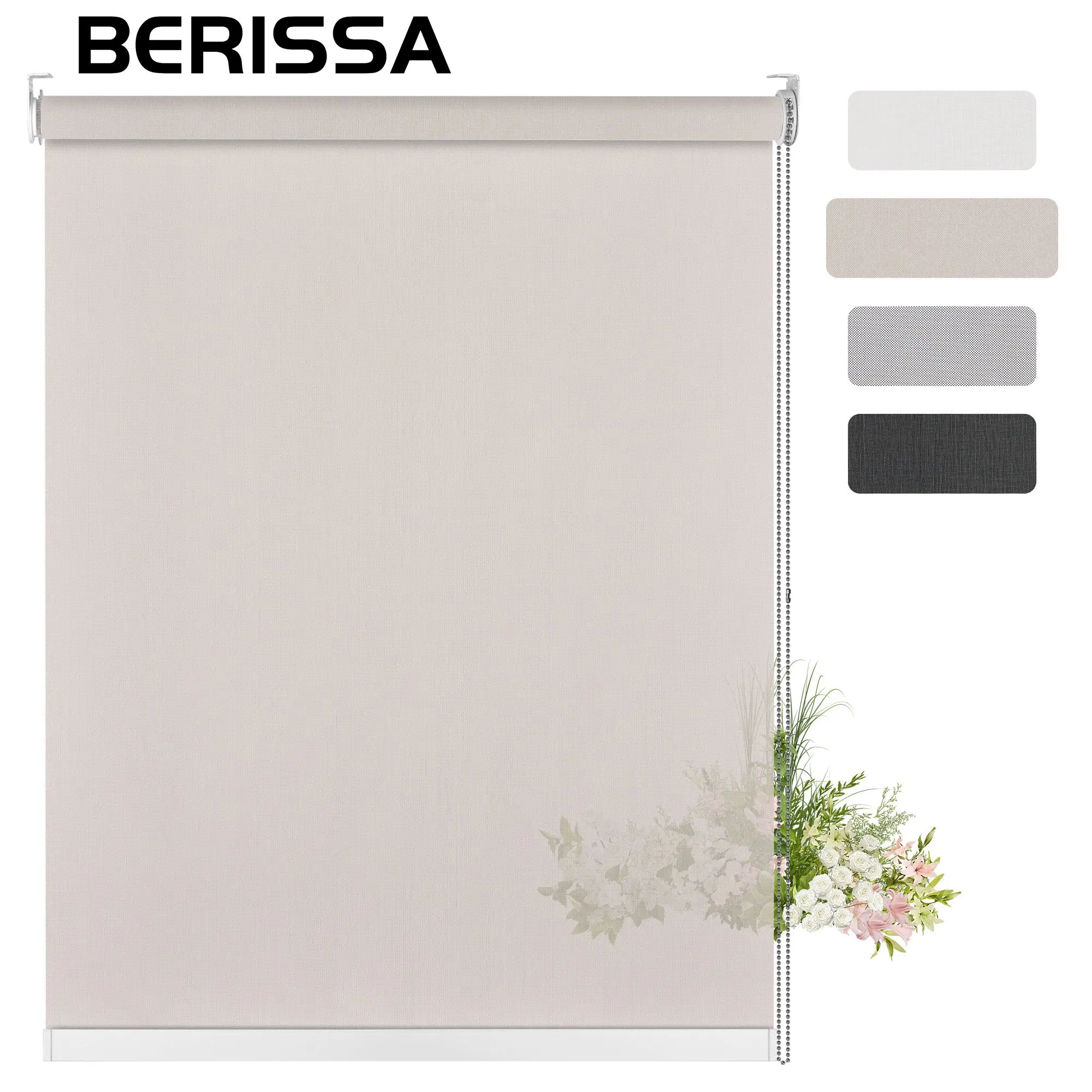 BERISSA Light Filtering Roller Shades with 10% Openness Solar Flame Retardant Fabric Solar Semi Sheer Roller Blind Custom Size