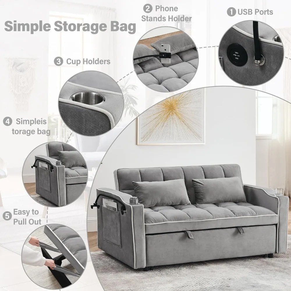 Convertible Sofa Bed,3 in 1 Velvet Sleeper Sofa Pull-Out Bed,55'' Loveseat Sleeper Sofa Bed with Adjustable Backrest with image 4