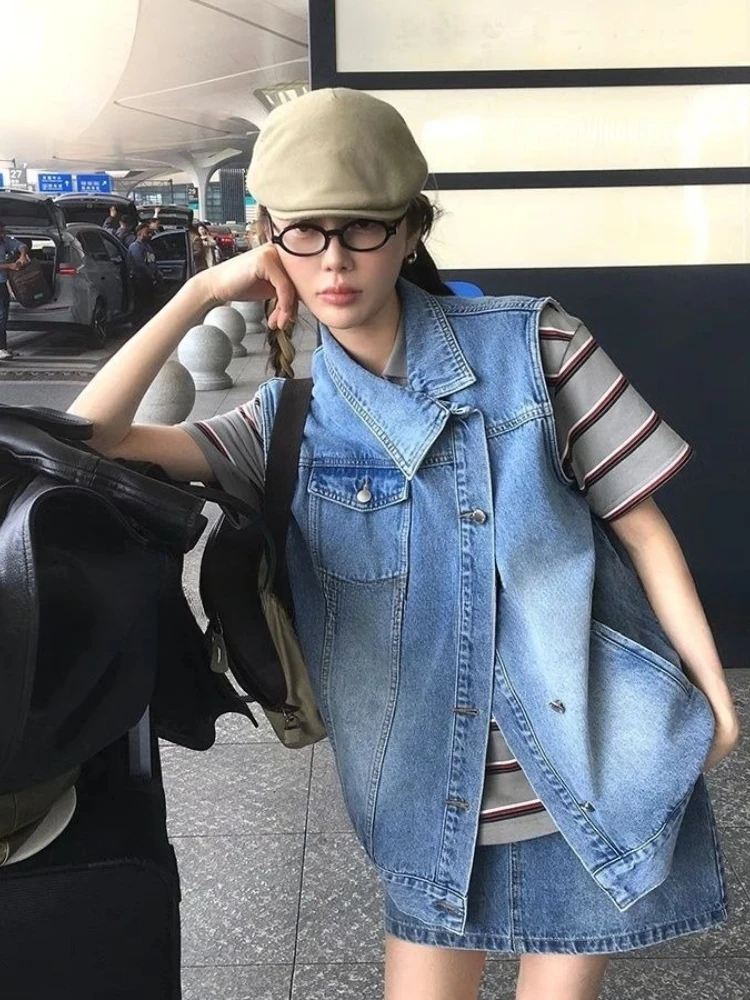 

Персонализированная уличная одежда, джинсовый жилет, блейзер, модная ретро-юбка с высокой талией для миниатюрных женщин, летняя майка без рукавов, шикарная