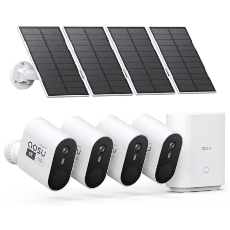 

Outdoor wireless security camera system for home surveillance, solar-powered ABS plastic cameras in black, featuring 3K/5MP res