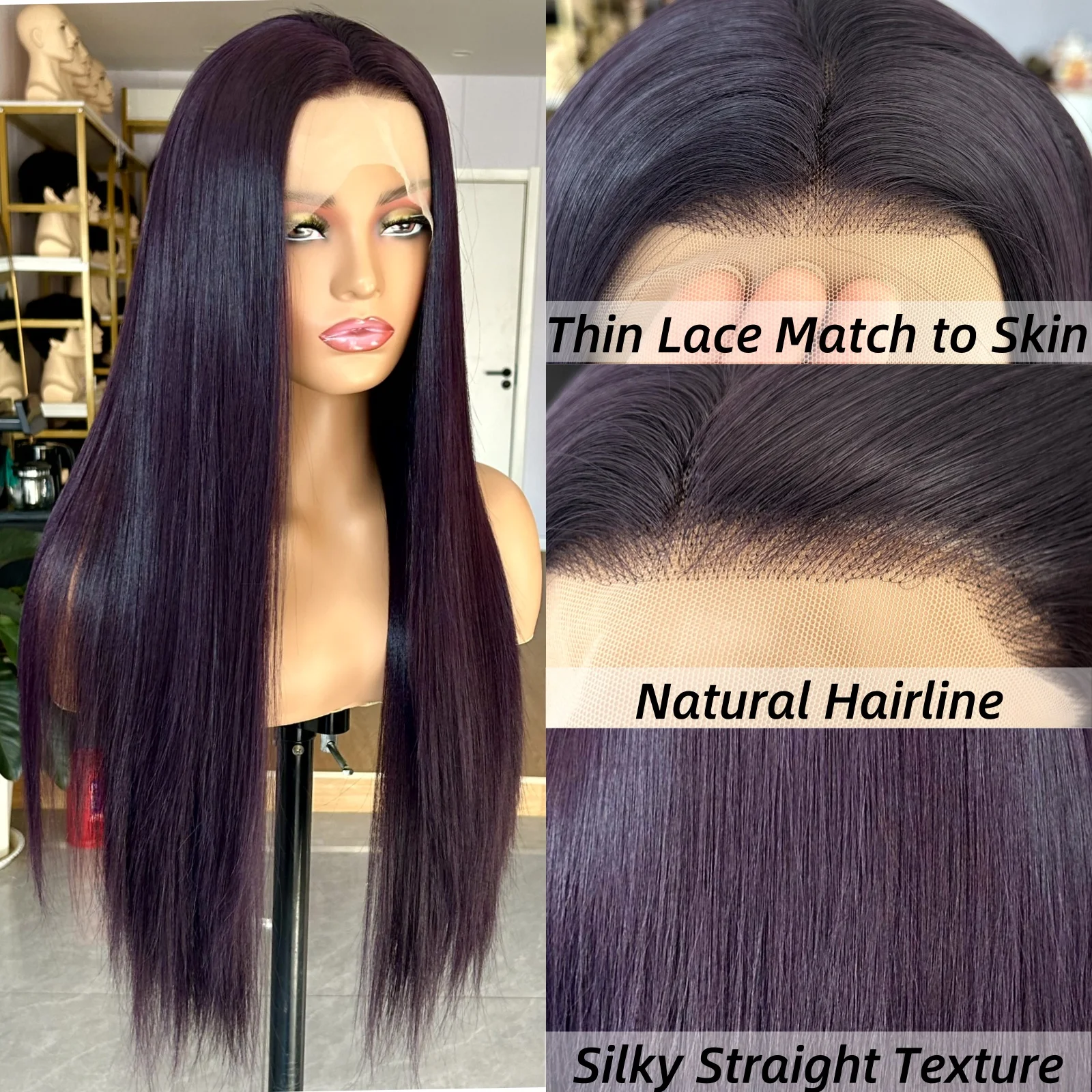 Long Silky Straight Purple Wigs for Women Synthetic Hair Free Part Dark Purple Colored 13X4 Lace Front Wigs for Daily Party Use