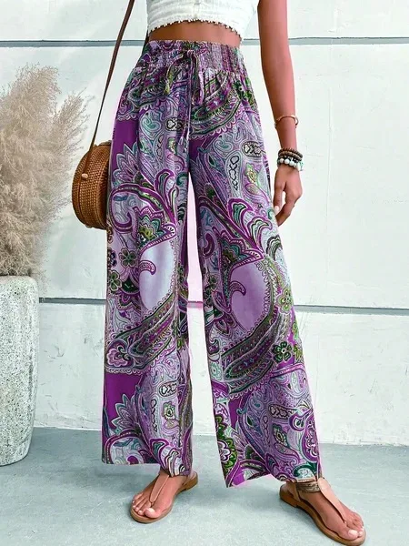Printed Wide Leg Pants For Women Drawstring Leace-up Bohemian Style Loose Long Pant Lady Fashion Streetwear Casual Trousers New