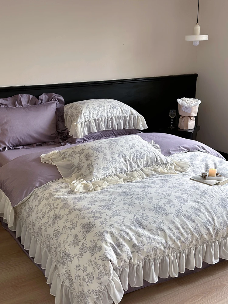 4pcs French Romantic Floral 100% Cotton Princess Style Pastoral Lace Light Luxury Girl Bedding Duvet Cover 200x230 220x240