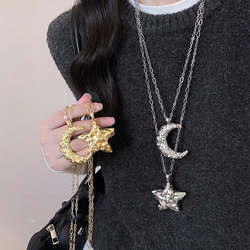 

Vintage Silver Star Moon Pendant Sweater Necklace, Stylish Women's Daily Wear Jewelry, Luxurious Trendy Jewelry Holiday Gifts