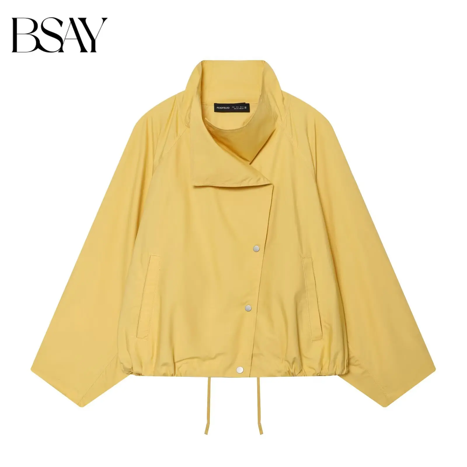 BSAY 2026 Women's Minimalist Yellow Asymmetric Collar Pilot Jacket Single Breasted Drawstring Hem Casual Bomber Jacket Outerwear