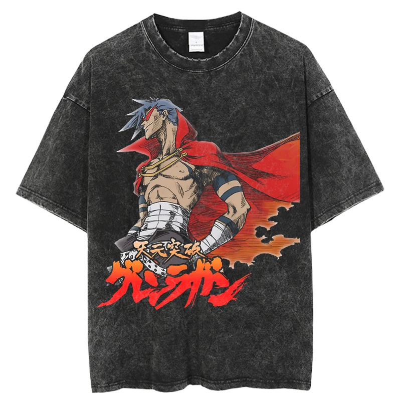 Japanese Anime Tengen Toppa Gurren Lagann T-shirt men Harajuku Washed Graphic Tee Shirt Oversized T-shirt Streetwear Tops Black