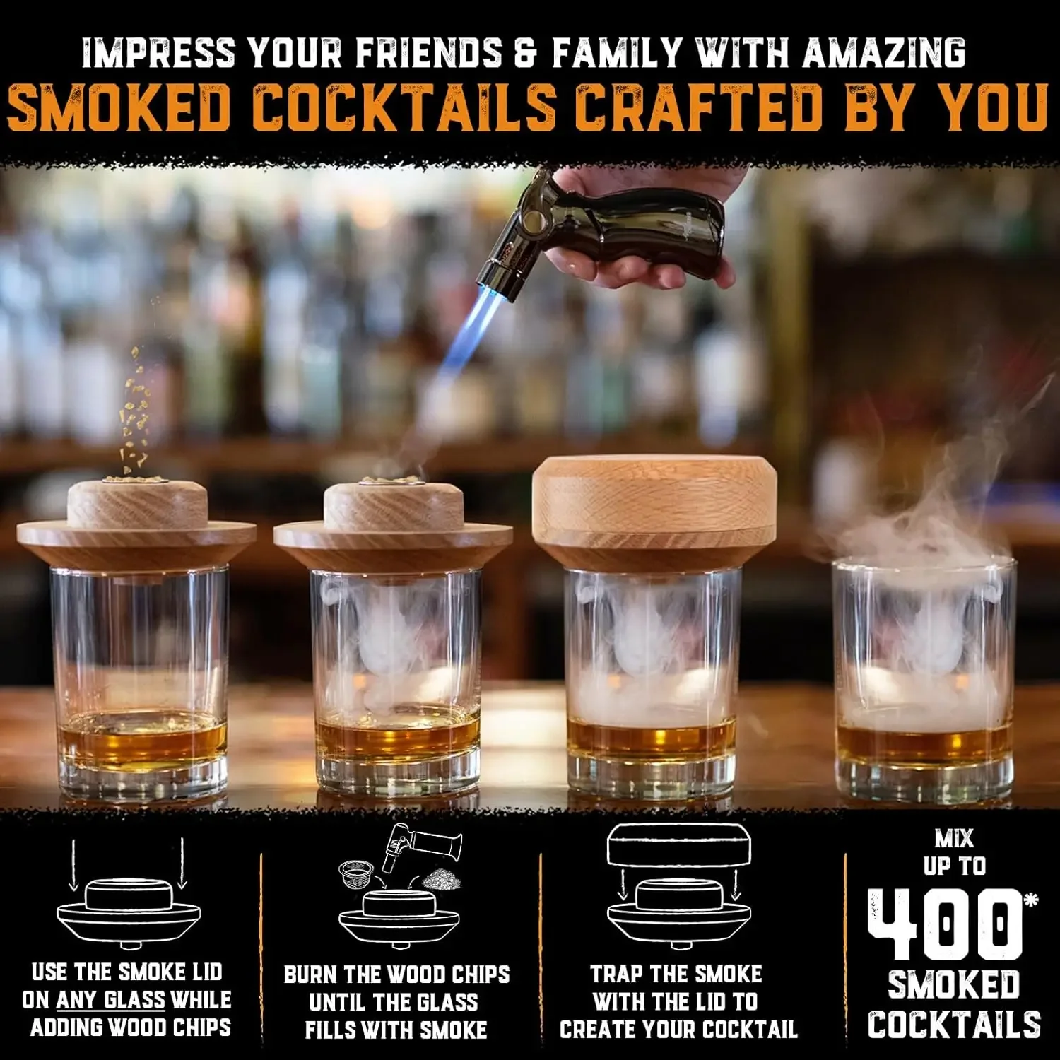 Whiskey Cocktail Smoker Kit with Torch & 8 Flavors Wood Chips - Premium USA Oak Smoker - Old Fashioned Smoker Kit