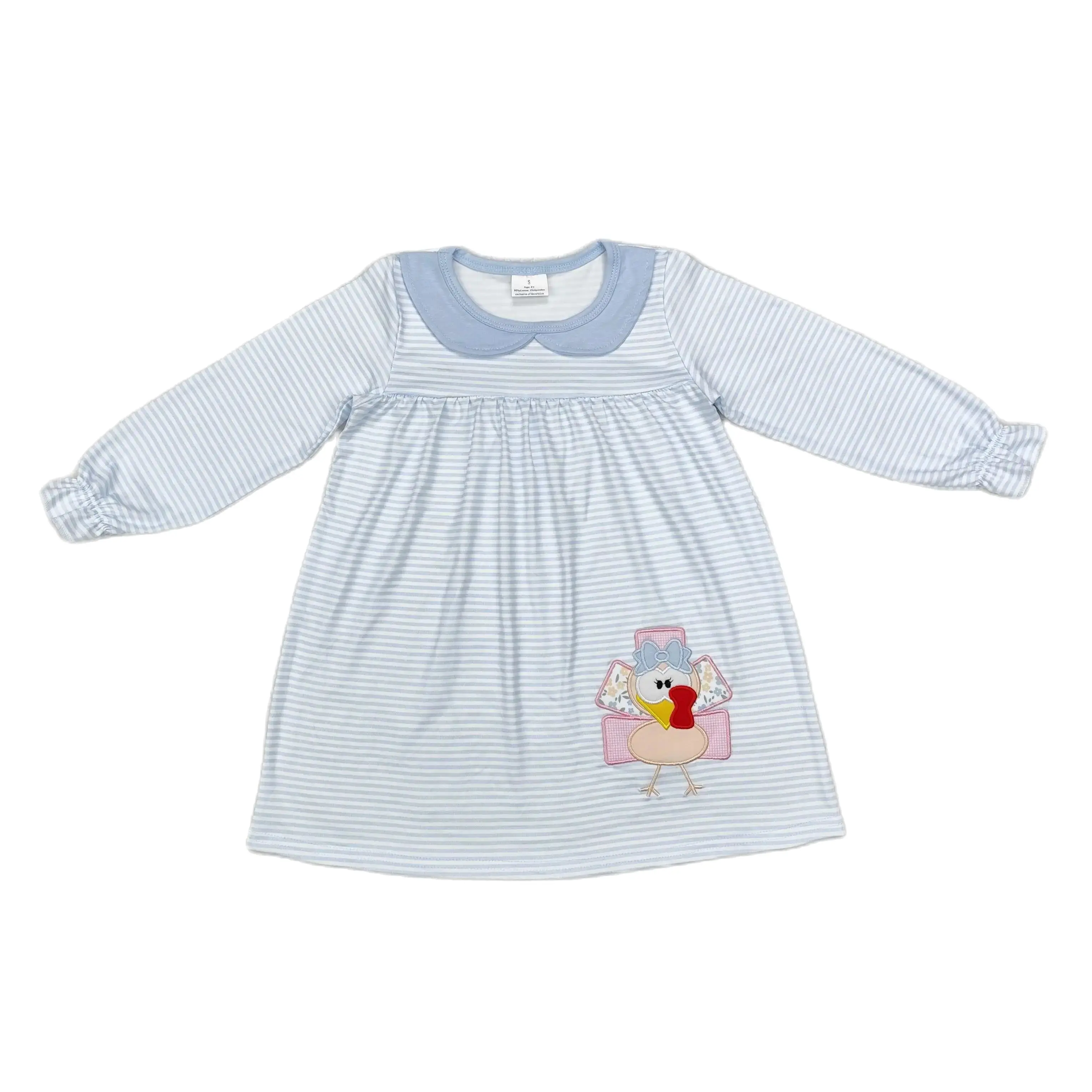 

Factory RTS Children Stripes Long Sleeves Baby Girl Thanksgiving Clothing Infant Toddler Turkey Embroidery Kids Smocked Dress