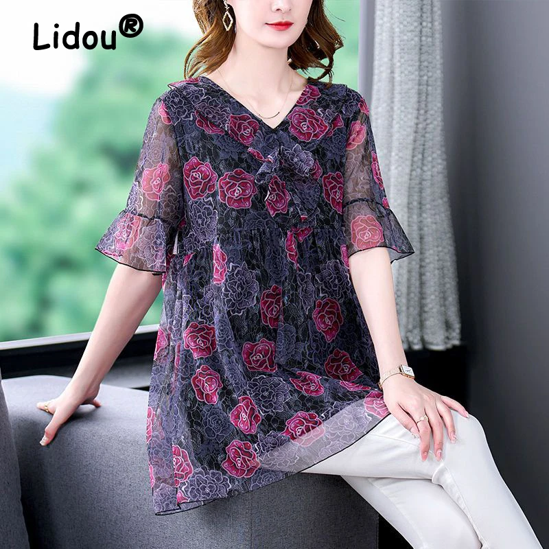 Women Floral Print Ruffle Vintage Elegant Blouses 2023 Summer Fashion V Neck Short Sleeve Casual Shirts Loose Ladies Tunic Tops