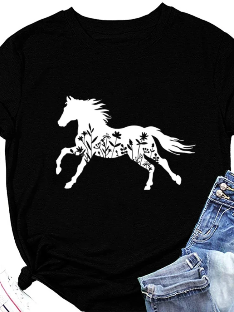 Wildflower Horse Print Women T Shirt Short Sleeve O Neck Loose Women Tshirt Ladies Tee Shirt Tops Clothes Camisetas Mujer