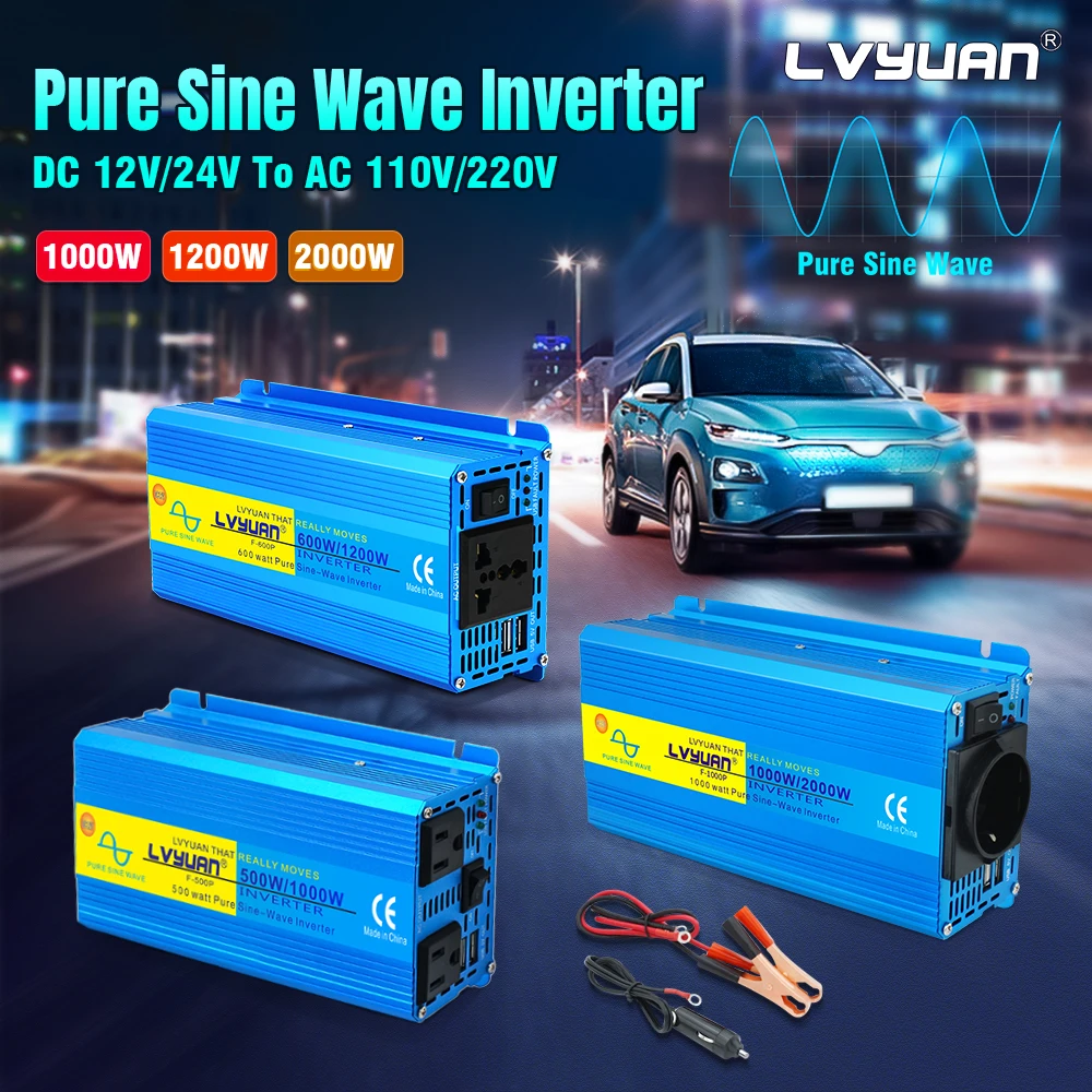 

DC 12V 24V to AC110V 220V 1000W 1200W 2000W Pure Sine Wave Inverter 50Hz Voltage Converter UN/EU/US Socket Car Transformer