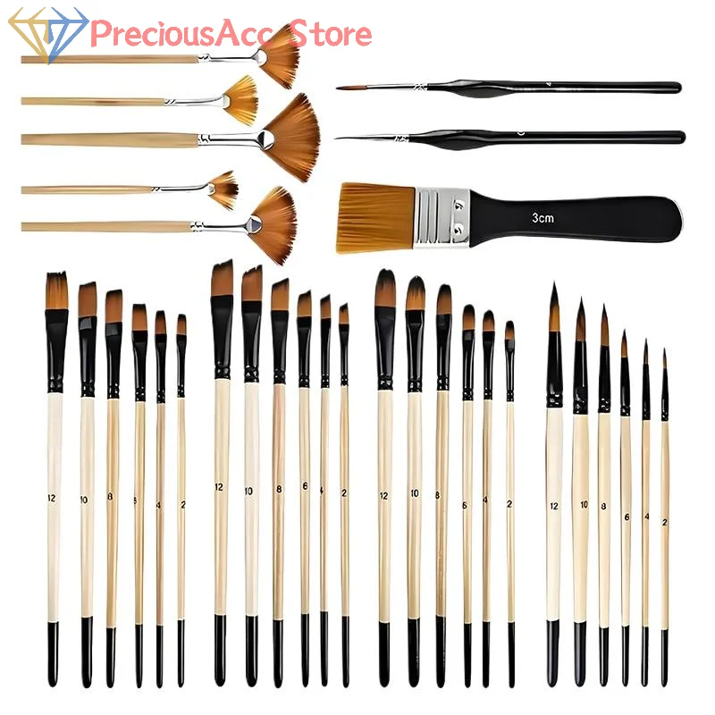32Pcs Nylon Paint Brush Set For Acrylic Watercolor Oil Gouache Art Painting Craft DIY
