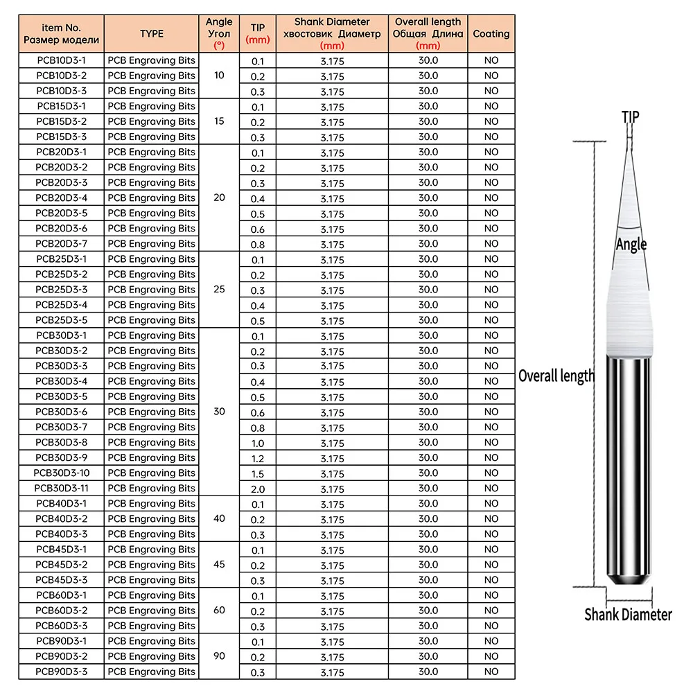 10/15/20/30degree 3D Milling Cutter D3.175 Shank Tungsten Carbide V Shape PCB Engraving Bit Degree CNC Router Bit for Wood PVC