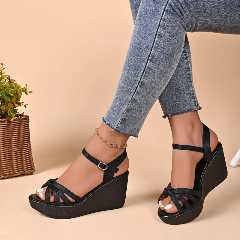 New Women's Summer Thick Bottom One Word Buckle Sandals with Open Toe Slope and Fish Mouth