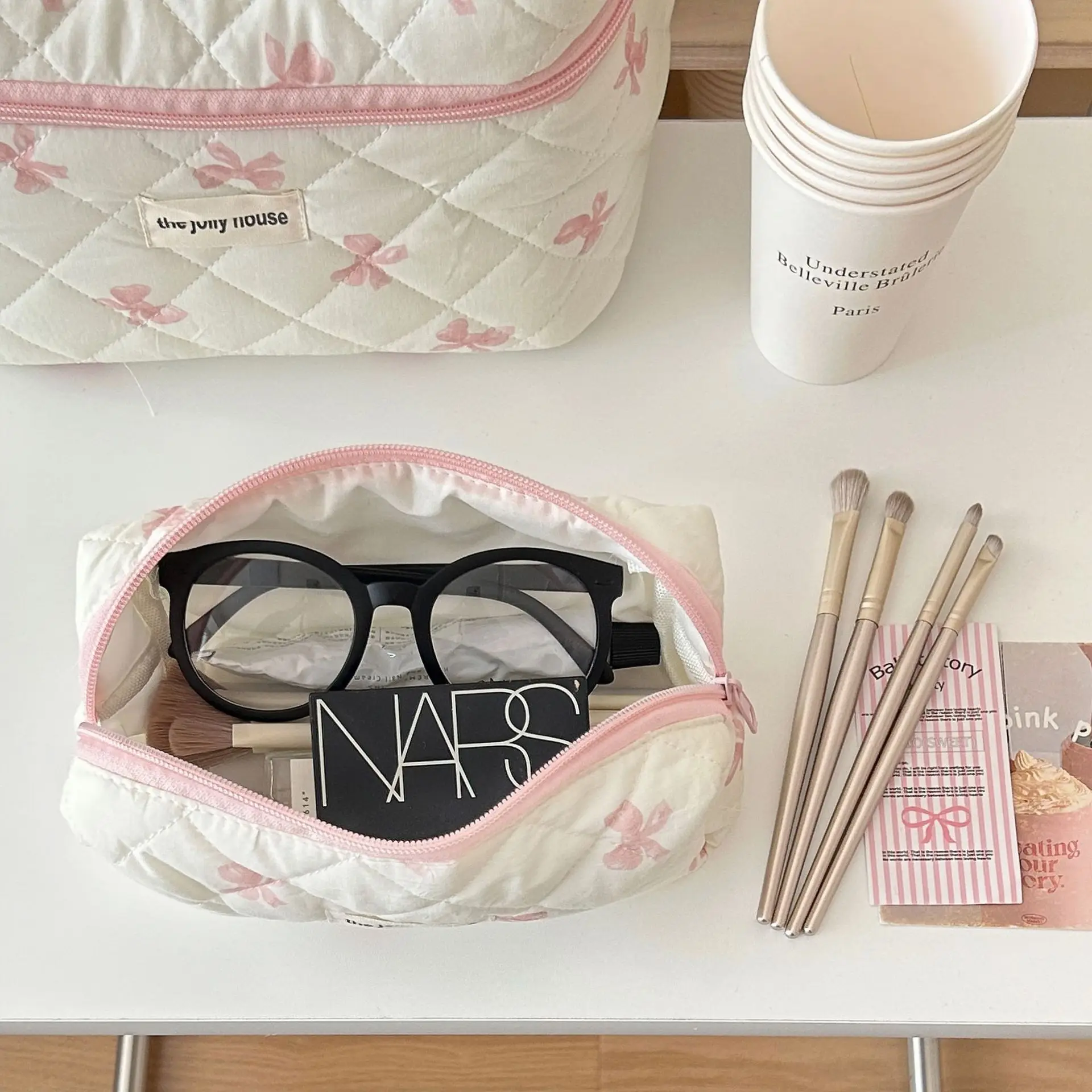 Bolsa de maquillaje con estampado de lazo para mujer, gran capacidad, estuche de cosméticos portátil para artículos de tocador de viaje, bolsa de