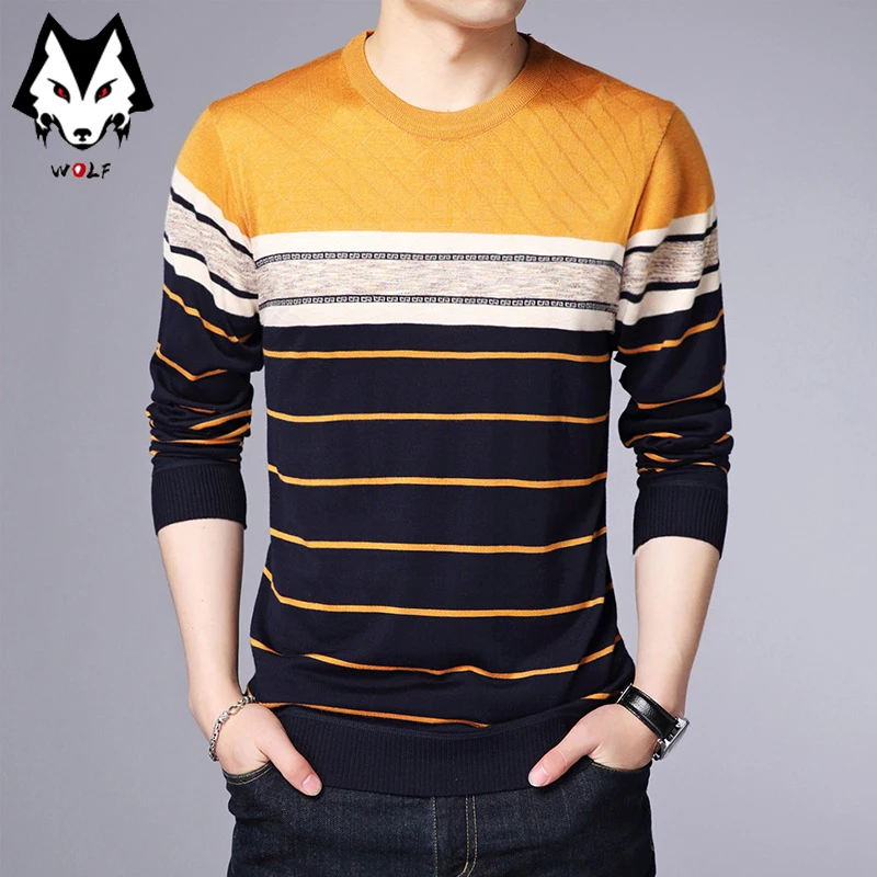 Men\'s Casual Striped Knit Spring and Autumn Long Sleeved Pullover Fashion Top