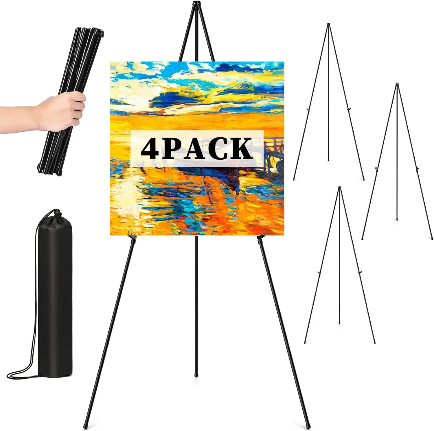 

63" Adjustable Tripod Easel Stand for Signs & Art, Lightweight Metal, 4 Pack with Bags