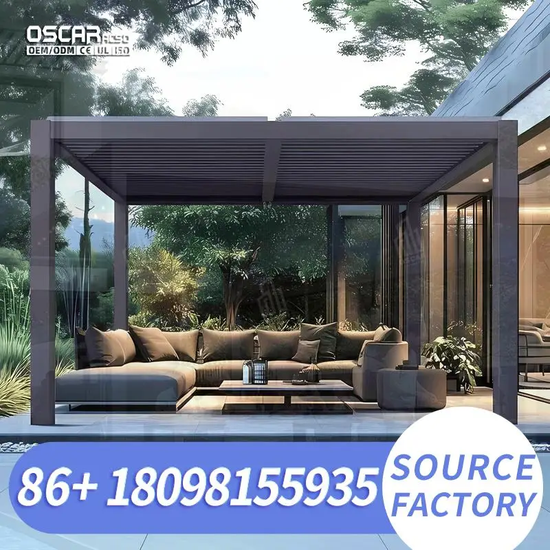 Motorized Waterproof Outdoor Pergola Gazebo with Sliding Glass Modern Thermal Insulation Powder Coated Finish for Garden Patio B