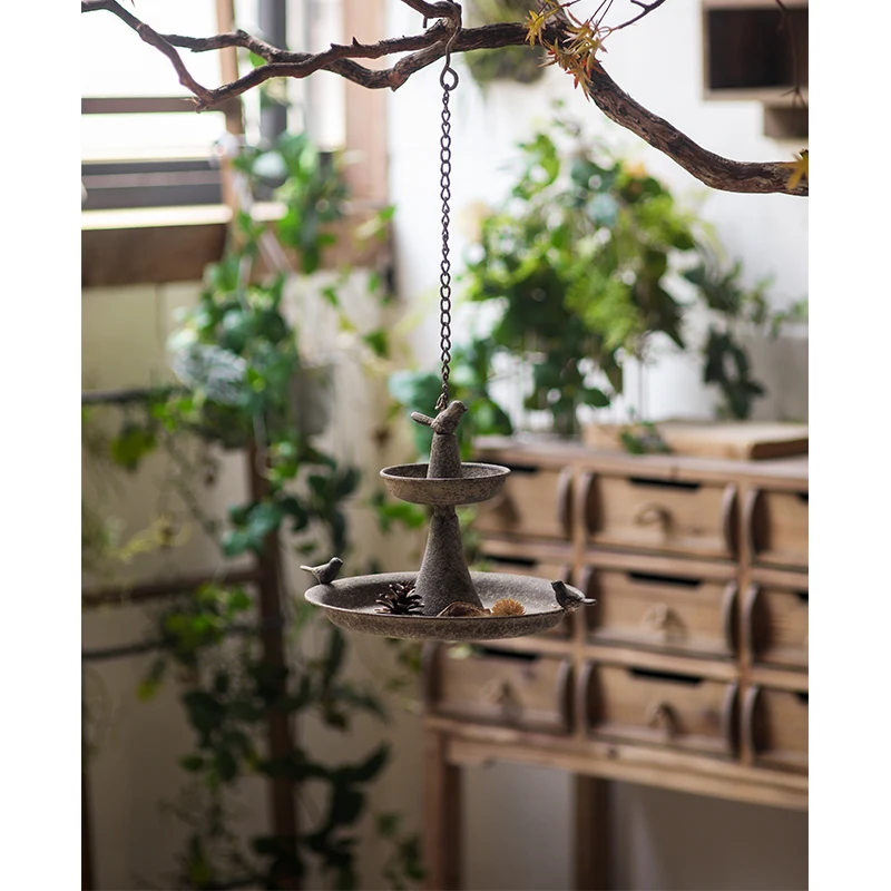 Vintage Iron Hanging Bird Feeder, Dual-Tier Tray Garden Decor, Rustic Balcony Hanging Ornament with Chain Hook