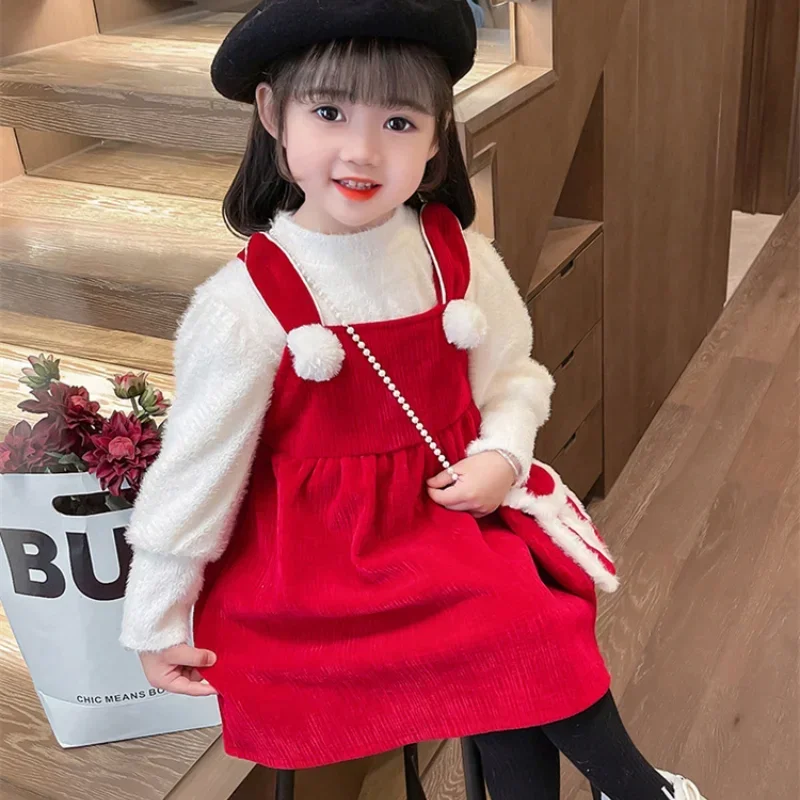 Girls Princess Red Dress Autumn Winter Christmas Children Suit Thickened Velvet Lined Dresses Baby 2 Piece Set Shirt + Sundress