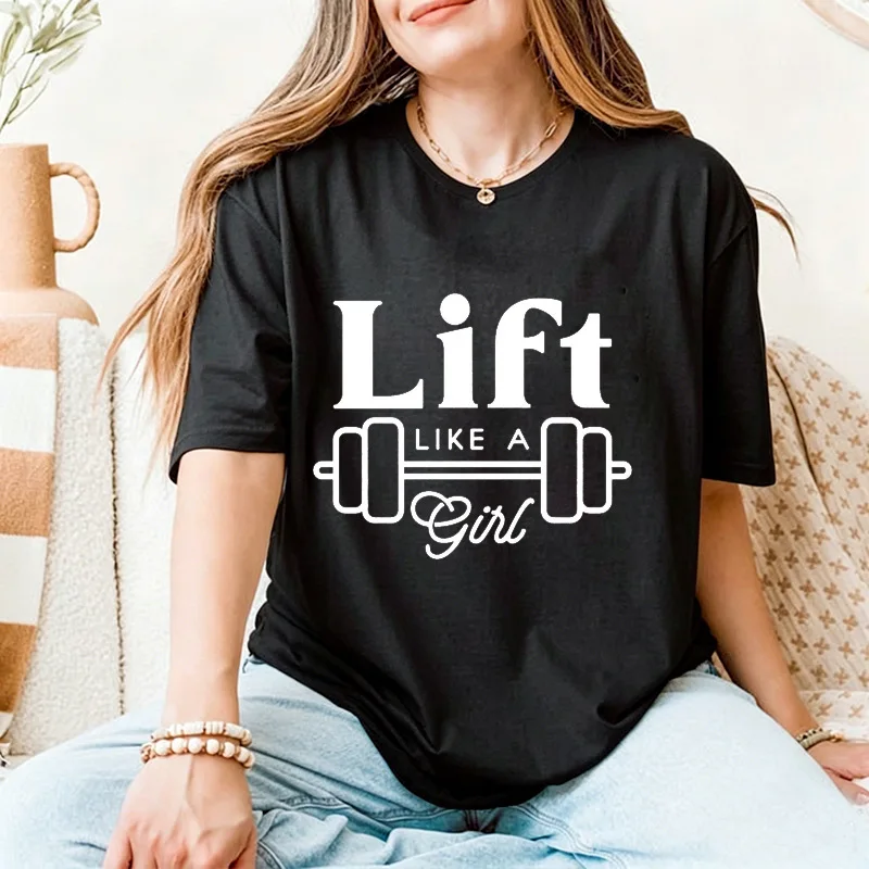T-shirt imprimé « Women Lift Like A Girl » décontracté à manches courtes et col rond, t-shirts graphiques pour le fitness, la gym, le sport, les entraînements quotidiens pour femmes