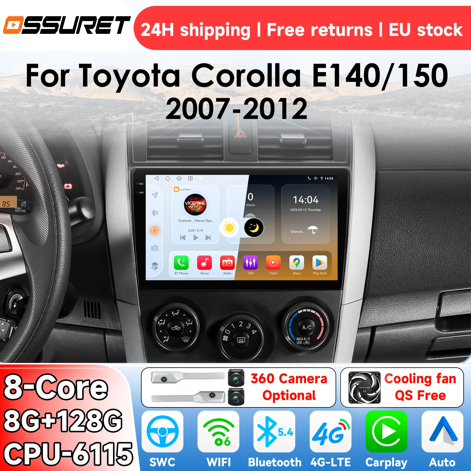 OSSURET AI Radio samochodowe z Androidem 14 do Toyota Corolla E140/150 2007 - 2012 Inteligentny system Carplay Auto Multimedialny odtwarzacz wideo GPS 4G 6115