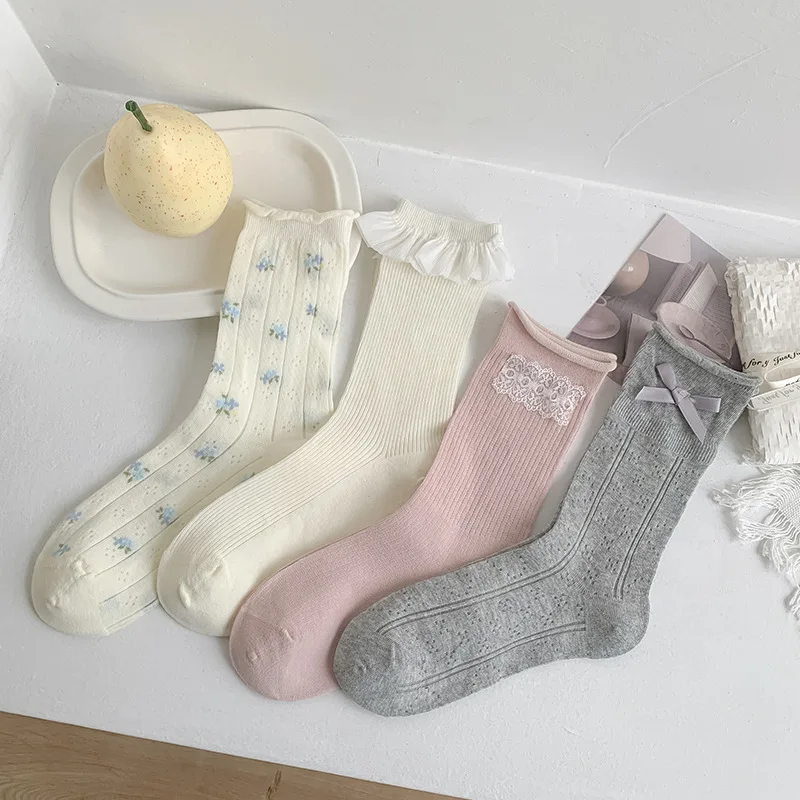 Summer Thin Socks Women's Japanese Lace Small Floral Tube Socks Sweet Bow Curled Heap Socks Women