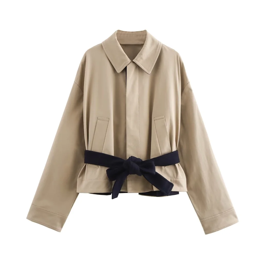 PB&ZA2024 autumn new women\'s clothing fashion temperament casual versatile belt decoration jacket simple lapel short coat