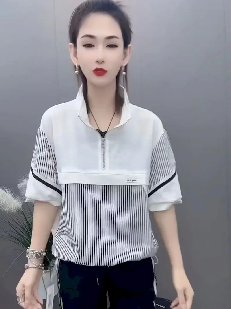 Fashion Patchwork T Shirts Women Stand Collar Half Zipper Sporty Style T-shirt Casual Loose Short Sleeve Tops Summer Thin Tshirt