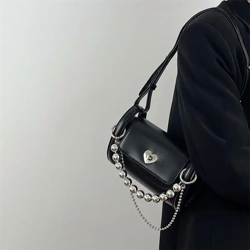 

Lock Buckle Love Chain Decor Black Cylindrical Bag for Women New High Quality Shoulder Crossbody Bag Female Handbag