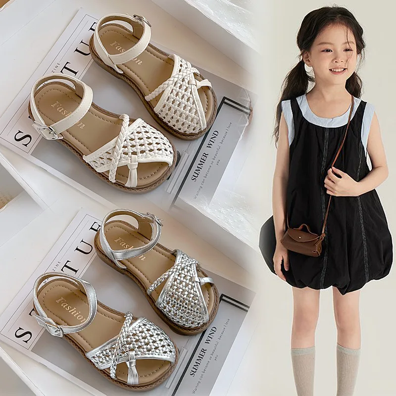 

Children's Woven Hollow Sandals Summer Girls Older Children's Woven Shoes Open-toed Princess Solid-color Sandals
