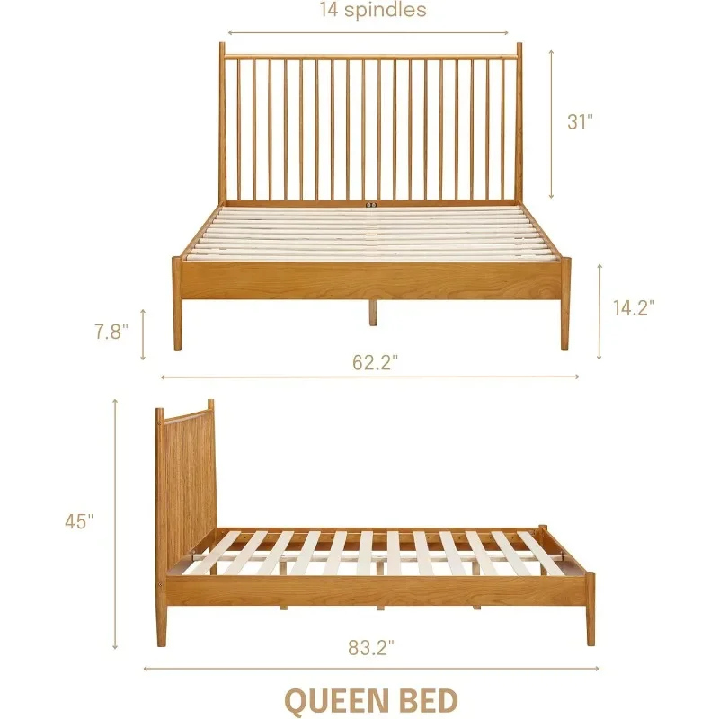 ヘッドボード付き木製ベッドフレーム,無垢オーク材とラバーウッドベース,サイレントスラット,中央サポート,組み立てが簡単