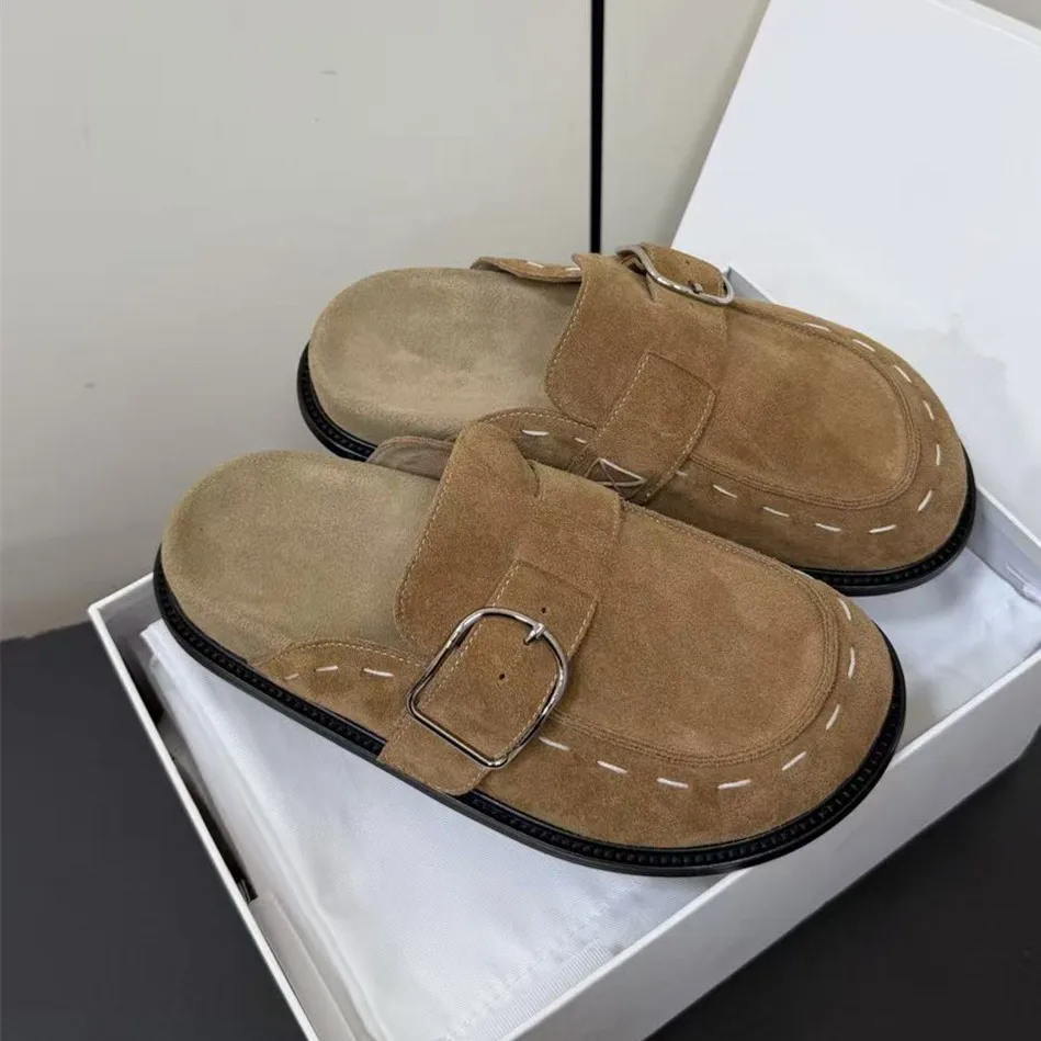 Designer Brand Retro Genuine Leather Boken Shoes Women's Belt Buckle Baotou Half Tow Versatile Lazy Muller Shoes Casual Slippers