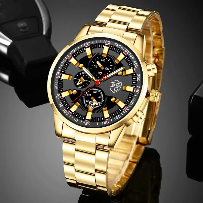 Fashion Mens Watches for Men Luxury Stainless Steel Quartz Wrist Watch Man Business Calendar Watch Necklace Reloj Hombre