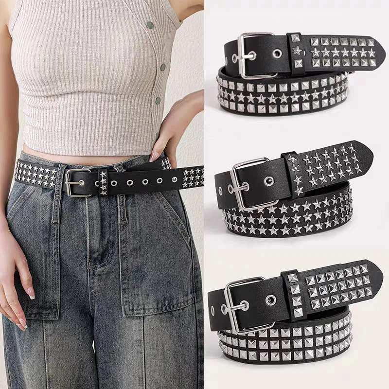 

Punk Y2k Pu Star Studded Belt For Women Men Gothic Waist Strap Designer Luxury Male Female Jeans Trouser Decorative Waistband