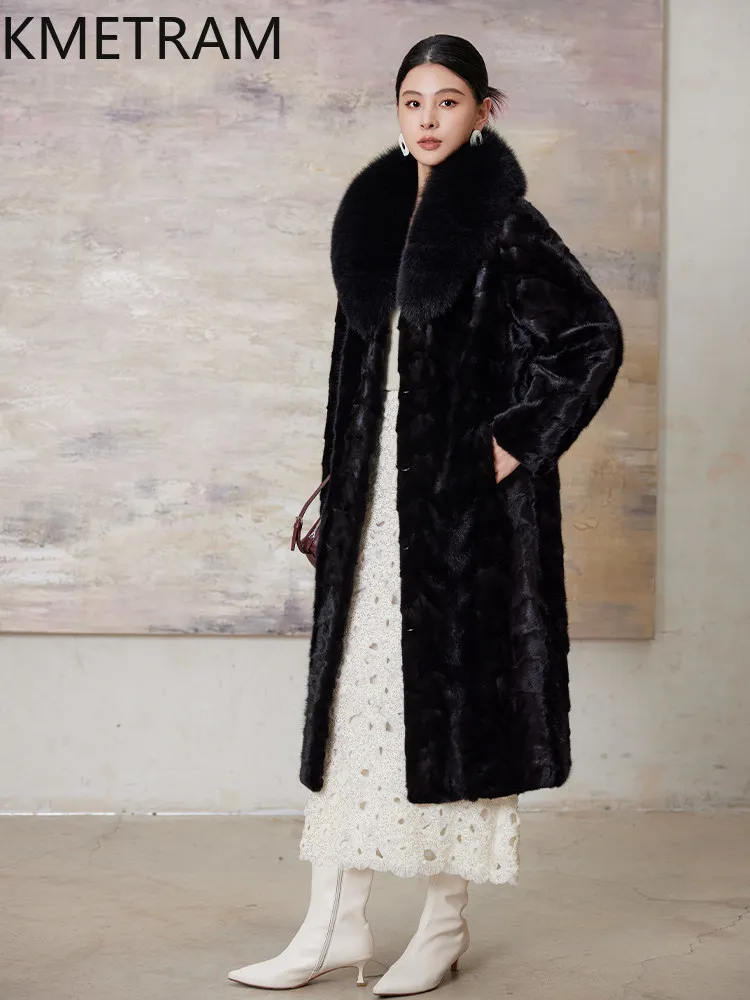 KMETRAM-Chaqueta de piel de visón 100% Natural para mujer, abrigo largo de piel de visón auténtica con cuello de zorro a la moda, ropa de invierno para mujer 2026