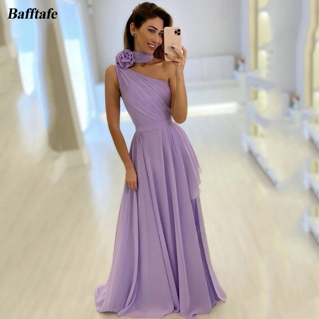 

Bafftafe Lilac Chiffon Prom Dresses One Shoulder Pleated 3D Flowers Women Long Evening Gowns Celebrity Dress Formal Party Wear