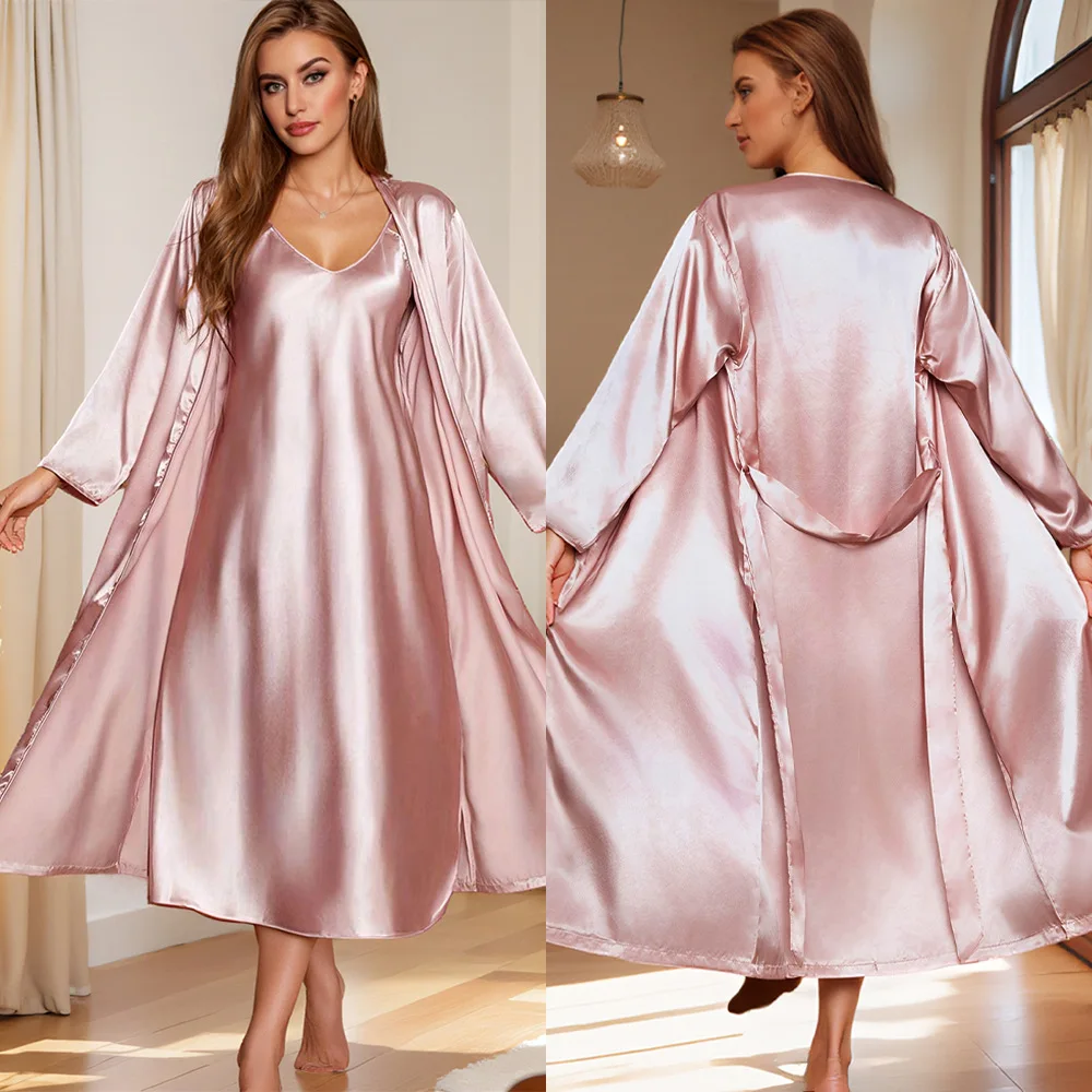 Pink Robe Set Lady Sexy Chemise Sleepwear Satin Nightgown Bride Wedding Dressing Gown Long Kimono Vestidos 2025 New Night Dress