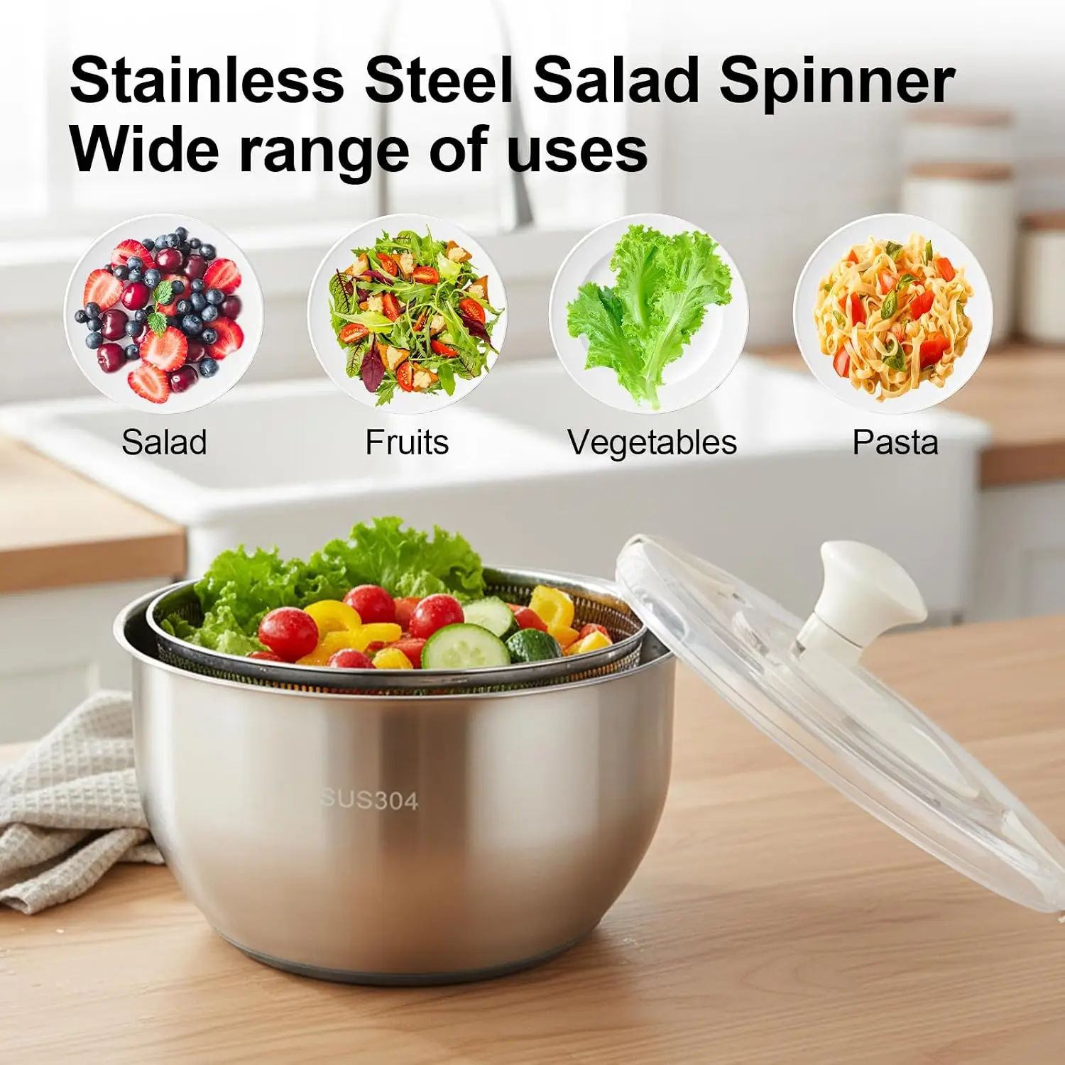 Stainless Steel Salad Spinner, Lettuce Spinner With Drain, Fruit Washer 6 QT With PP Cover Non-Slip Base, 3-in-1 Vegetable Wash