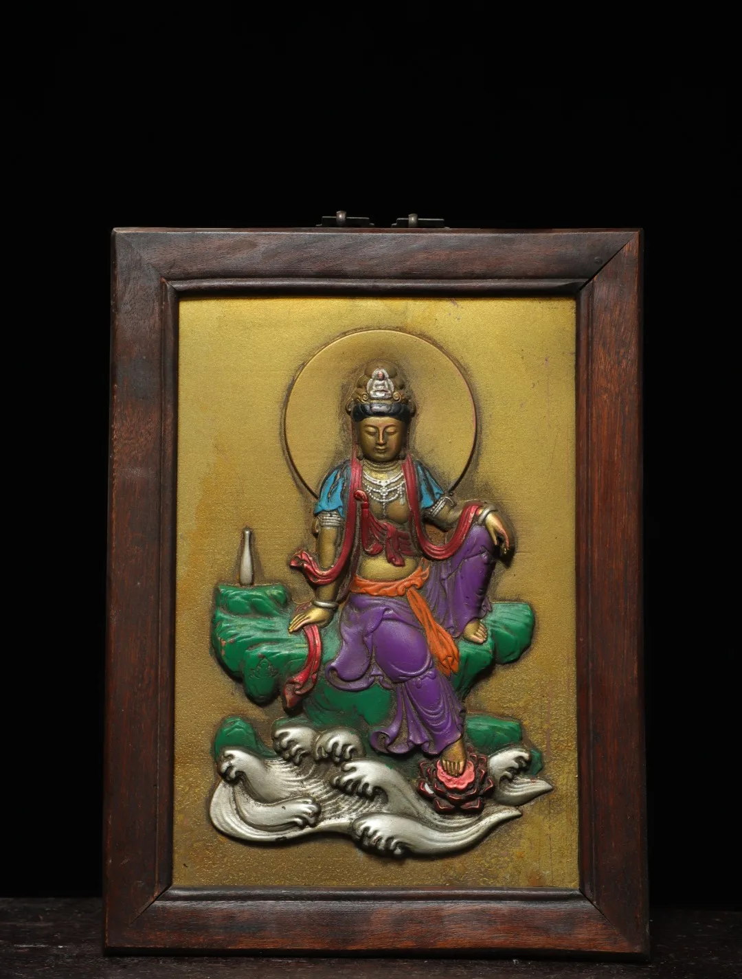 

13"Old China Collections Old Wood Carving Painted Free Guanyin Sitting Buddha Thangka hanging panel Worship Hall