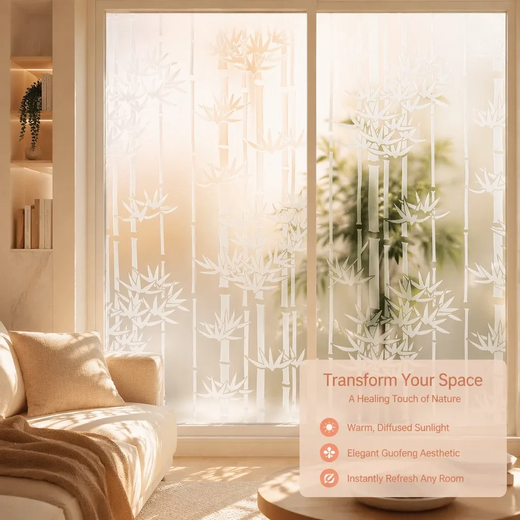 Bamboo Frosted Window Film Privacy Heat Insulation Anti-Splash Static Cling Decorative for Office Bathroom Home Glass