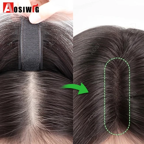 Imagen 1 del producto Peluca adhesiva de costura de pelo sintético, parte superior de la cabeza, reemplazo esponjoso, ligero, sin costuras, cubierta invisible, flequillo falso de pelo blanco