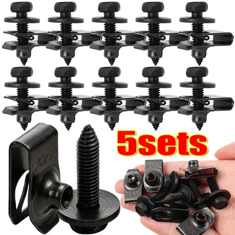 5Sets Universal M6 Hex Head Bolt Washer Carbon Steel Fastener for Car Engine Chassis Splash Shield Easy Install Auto Fasteners
