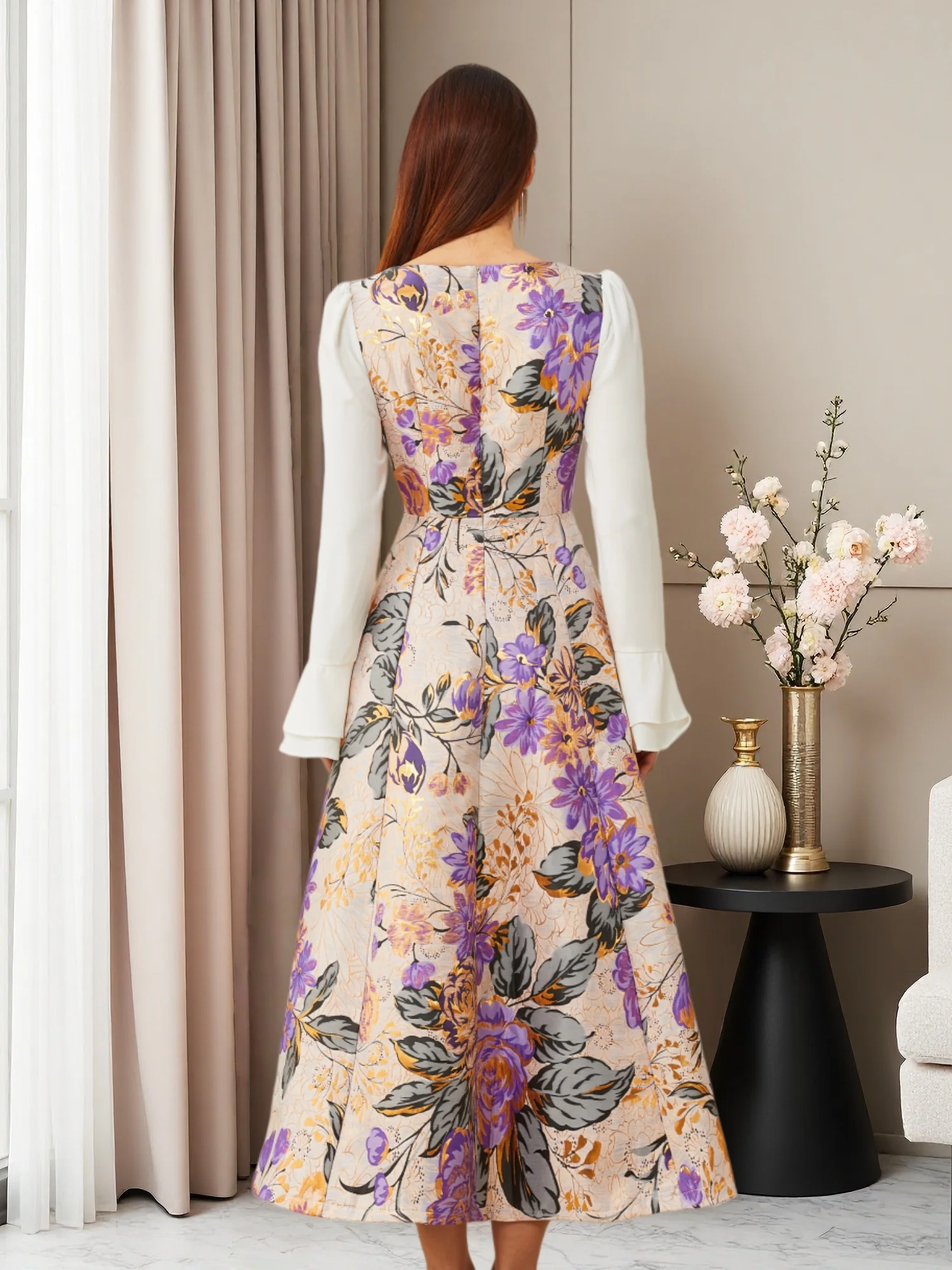 DEVCHATA スクエアネック ヴィンテージジャカード フ - French Vintage Floral Midi Dress のレビューと価格