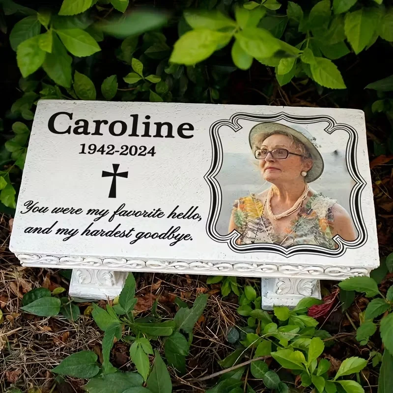 Custom Pet Memorial Bench Printed Custom Word and Picture,White Resin Grave Marker for Garden to Commemorate the Deceased Kitten