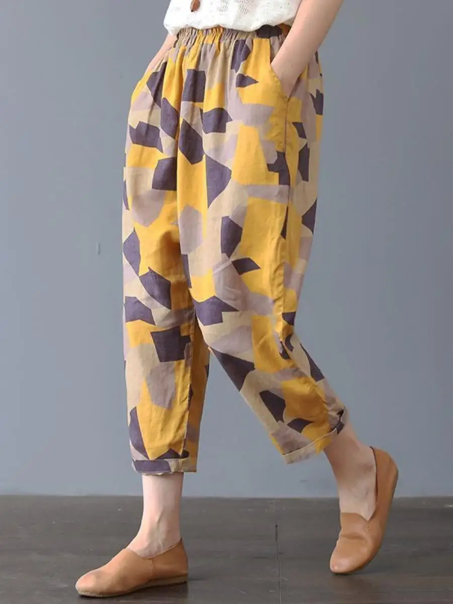Cotton Linen Women's Summer Pants Loose Fit Nine-Tenths Thin Waist Elastic Casual Harlan Trousers Vintage Style Versatile