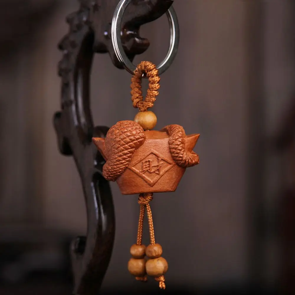 Animal Car Key Ring Key Chain Fengshui Lucky Bag Pendant Ethnic Chinese 12 Zodiac Mahogany Engraving Wood Keyring Keychain